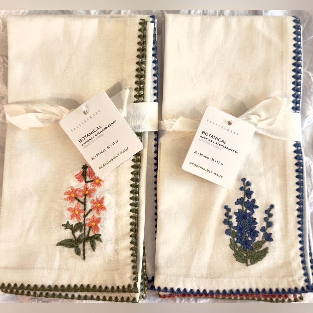 8 Pottery Barn Botanical Embroidered Cotton/Linen Napkins 20” sq NWT Retail $96